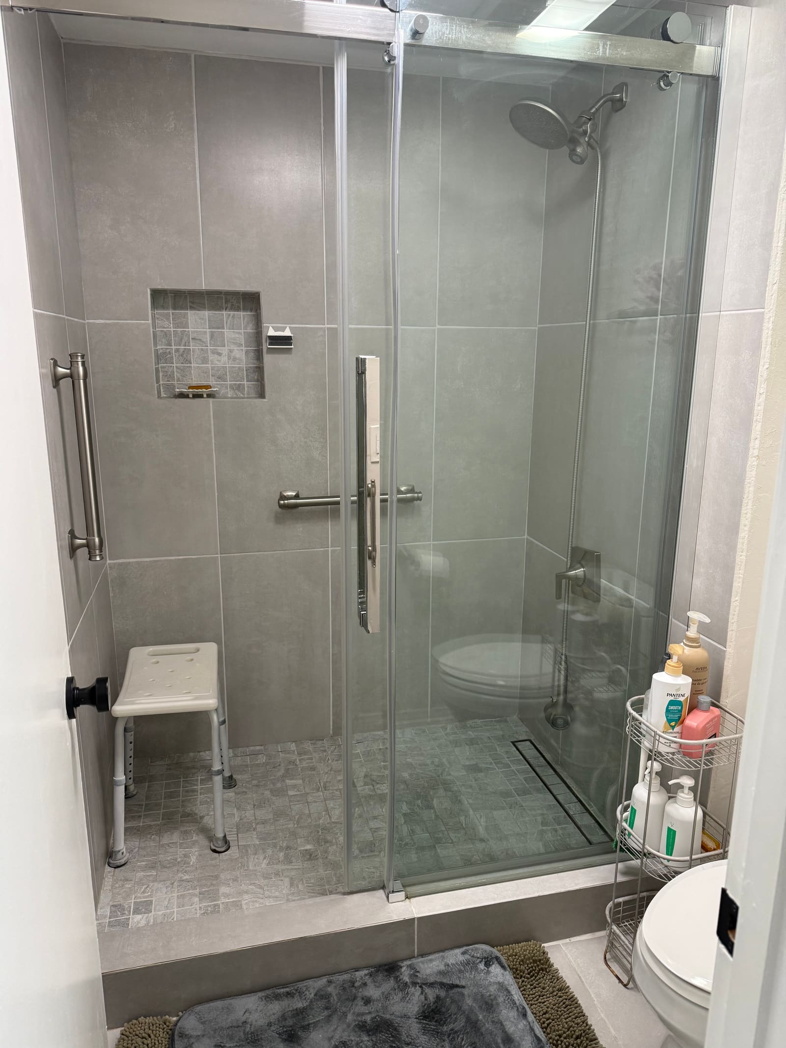 Fully cleaned walk-in shower with grab bars and organized toiletries.
